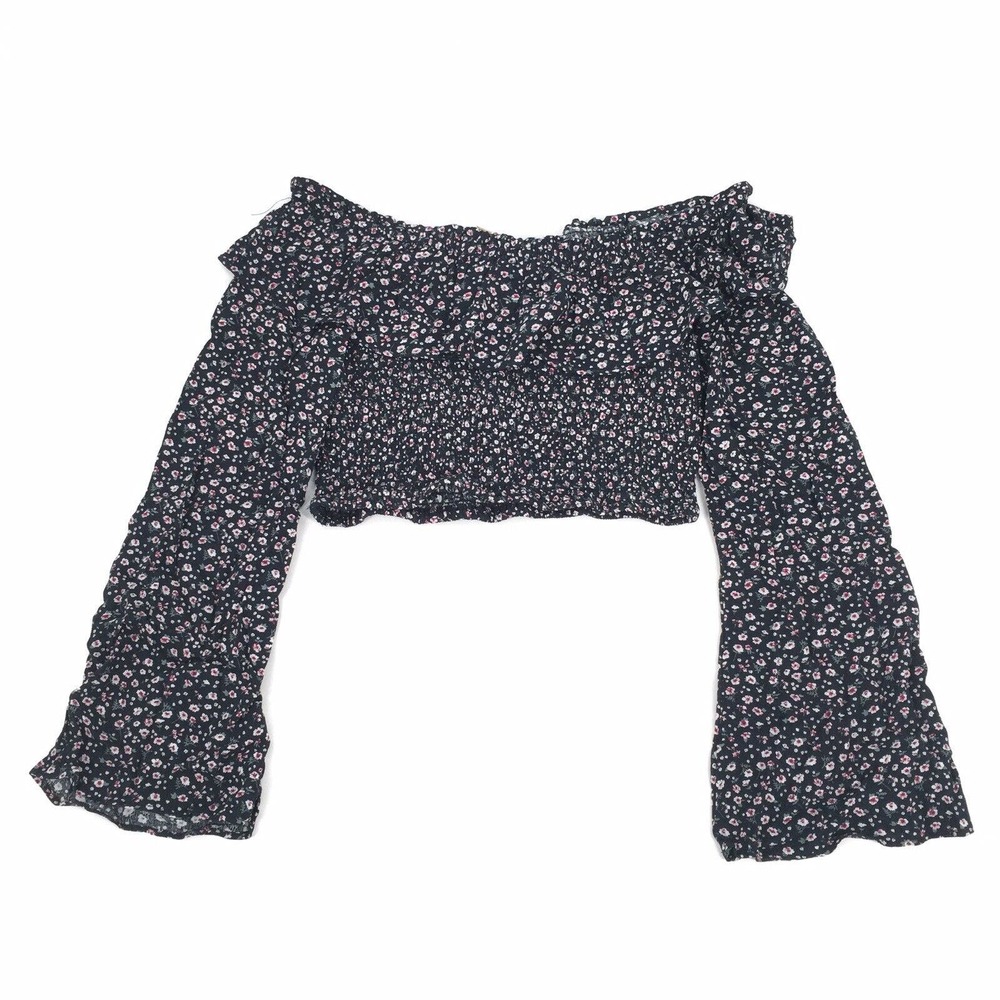 LA Hearts Off The Shoulders Floral Print Cropped Top Bell Sleeve Large Black L